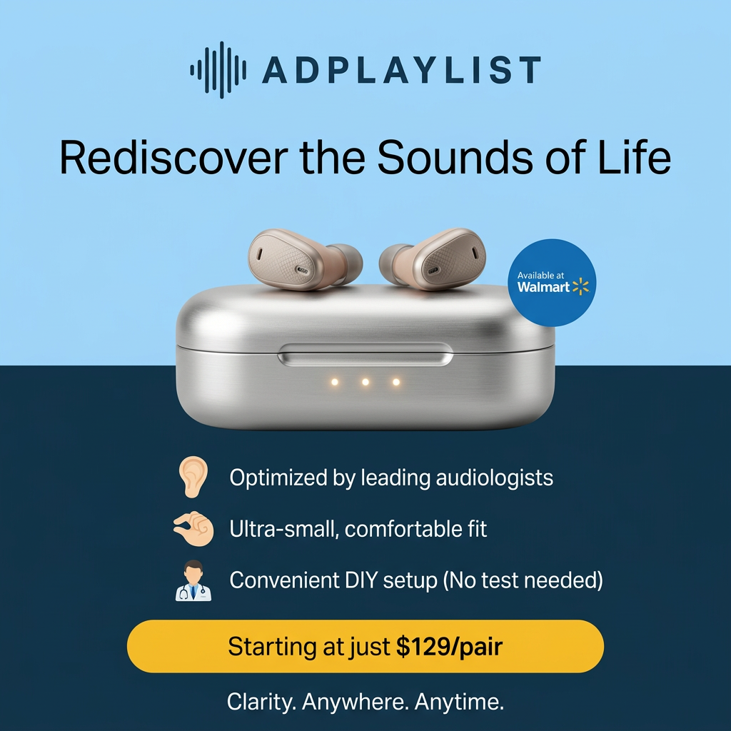 Beige earbud-style hearing aids on a silver charging case with a Walmart badge, three benefits and a $129 price bar