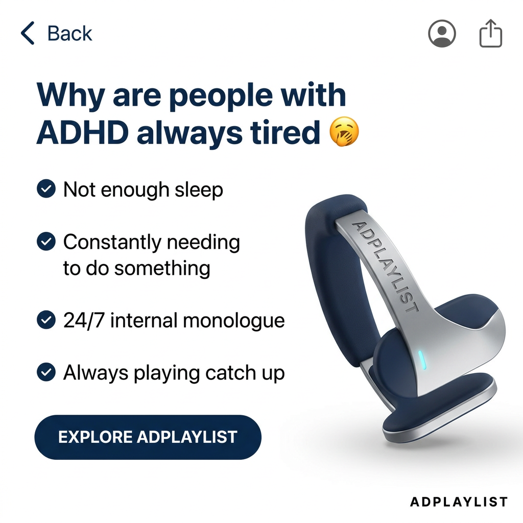 Mobile article-style ad asking why people with ADHD are always tired, four ticked reasons and a silver navy neck device