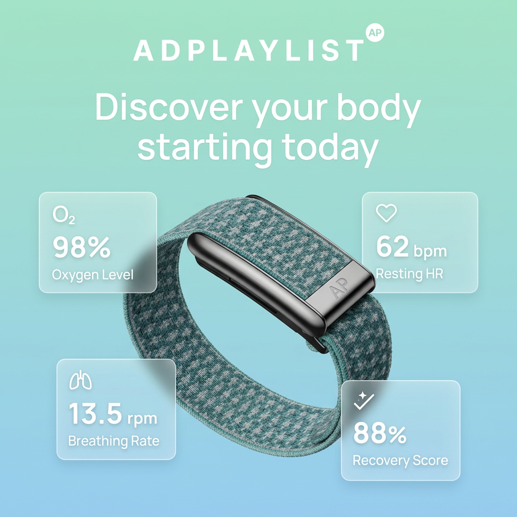 Teal woven fitness band surrounded by four frosted cards showing 98% oxygen, 62 bpm, 13.5 rpm and 88% recovery