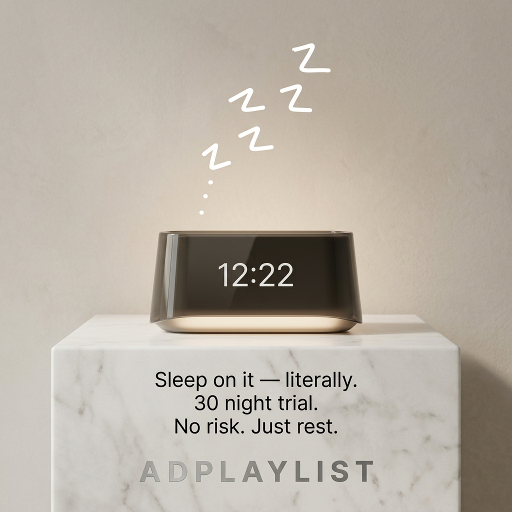 Smoky glass sleep clock showing 12:22 on a white marble plinth with hand-drawn Zzz above and a 30 night trial message