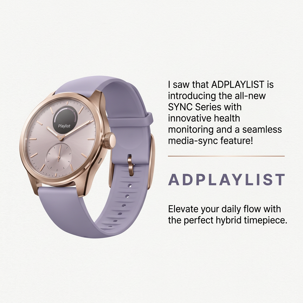 Rose-gold hybrid smartwatch with a lavender strap and Playlist display, beside a first-person launch announcement
