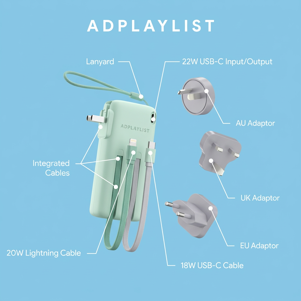Mint power bank with integrated cables and lanyard beside grey AU, UK and EU adaptors, with labelled white callout lines