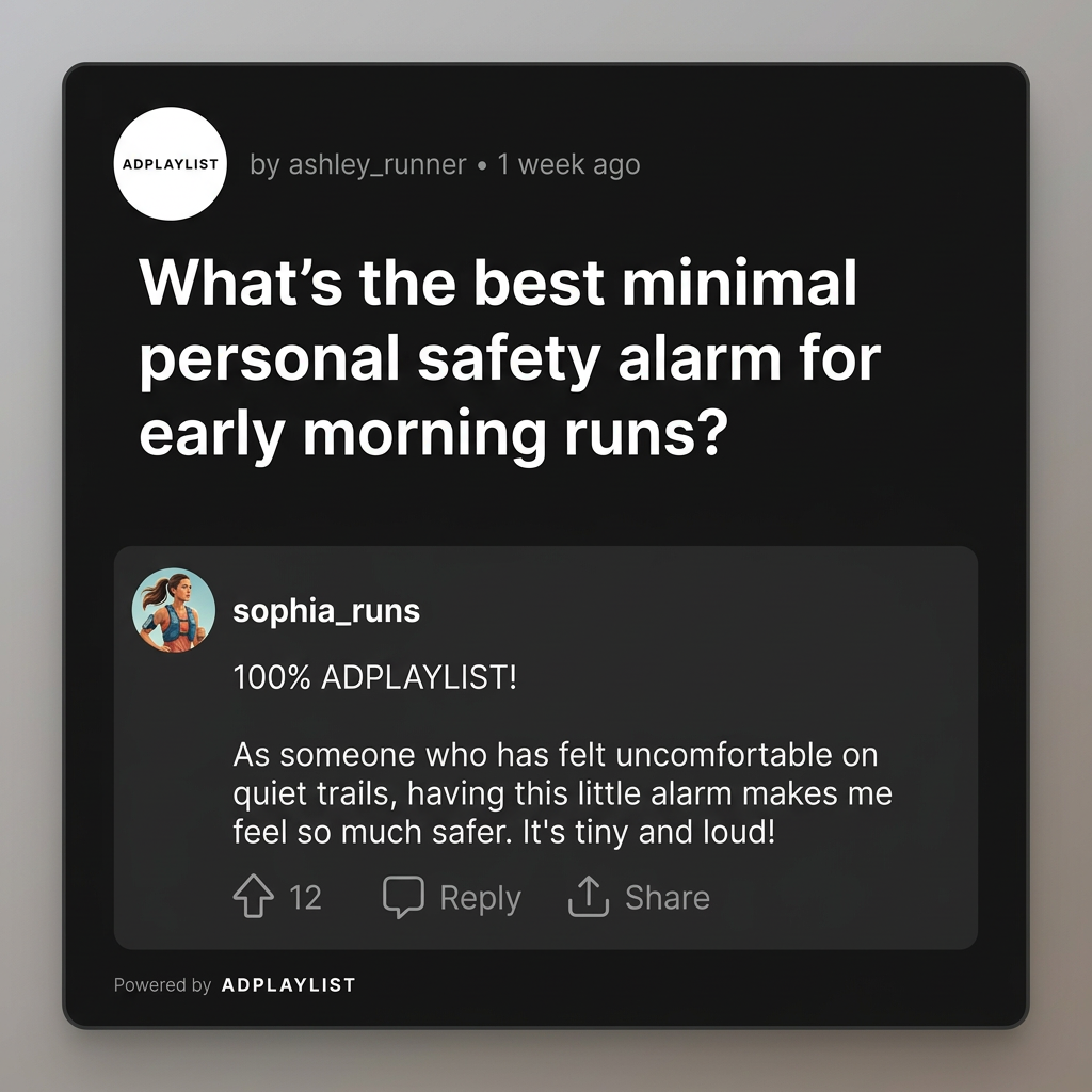 Dark-mode forum post asking for the best personal safety alarm for early morning runs, with a reply recommending ADPLAYLIST