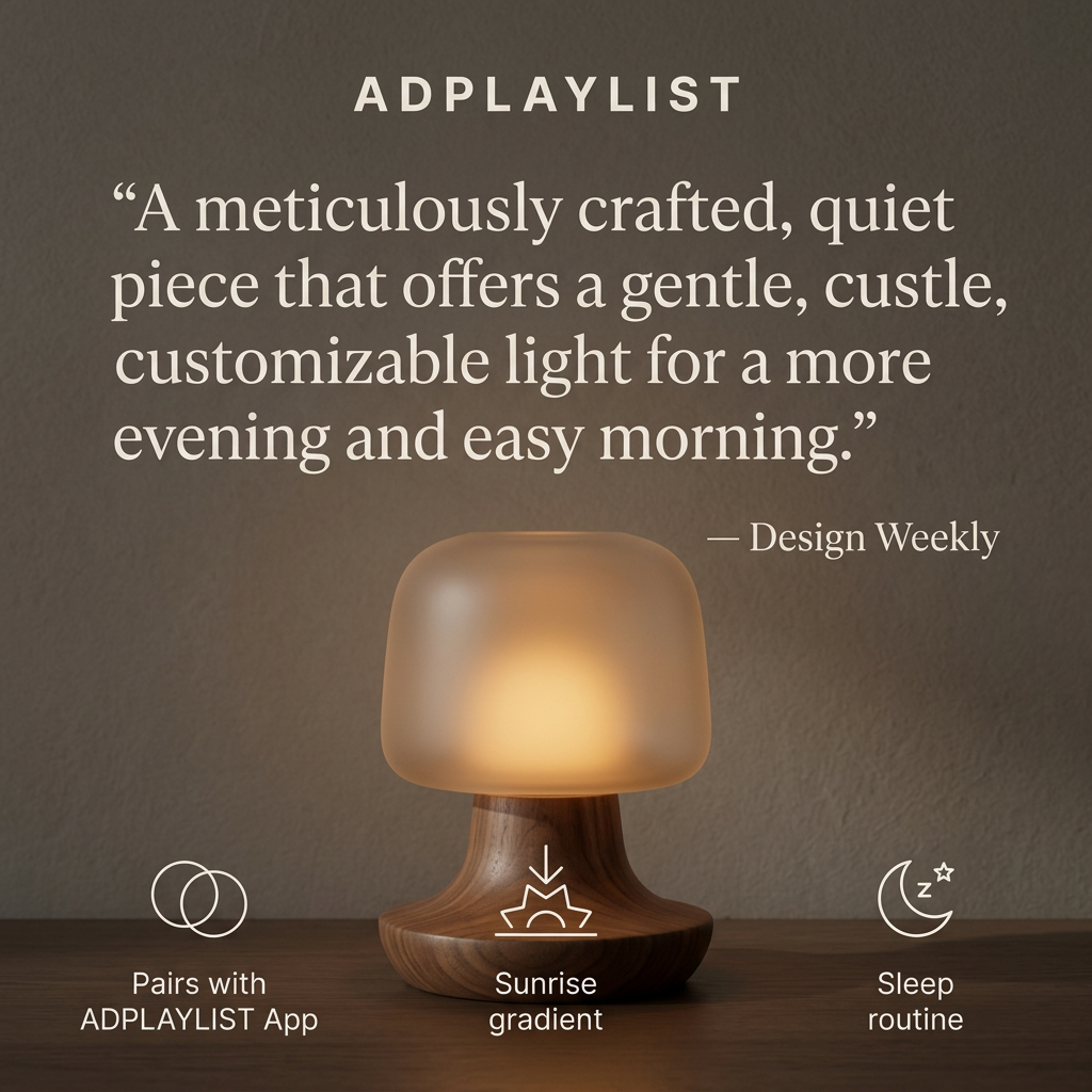 Mushroom-shaped lamp with frosted glass shade and walnut base glowing on a dark wall, under a large serif press quote