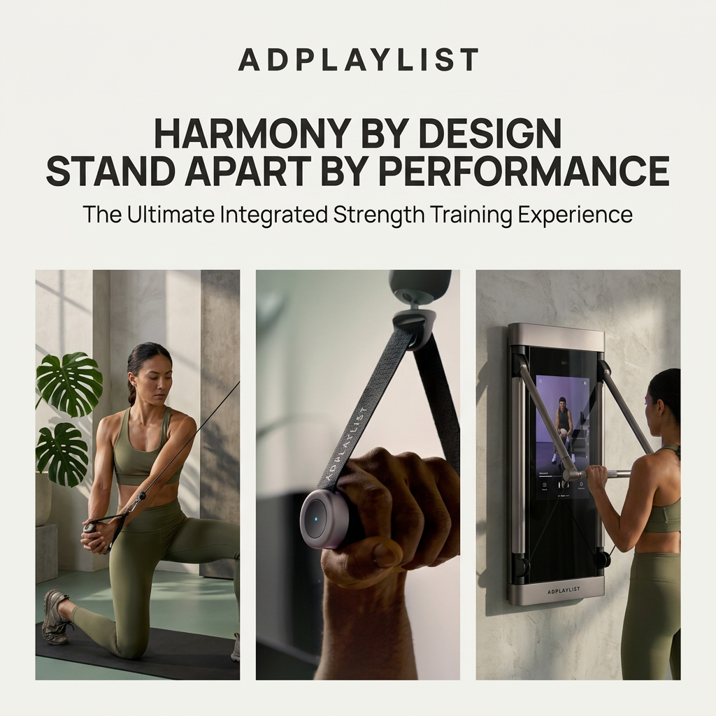 Three panels: woman doing a cable lunge, close-up of a smart cable handle, and woman training in front of a wall screen
