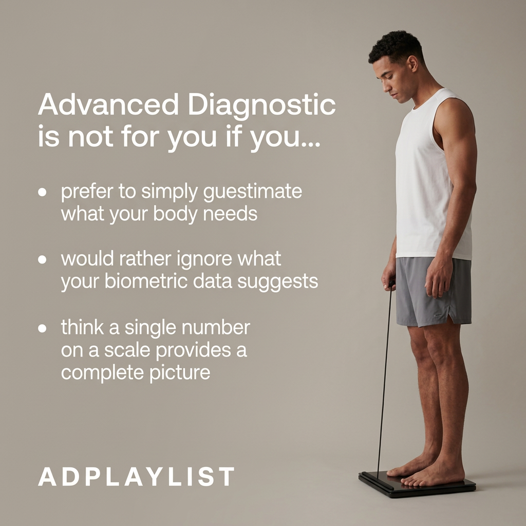 Man in a white tank top on a smart scale holding a handle cable, beside a list of reasons the product is not for you