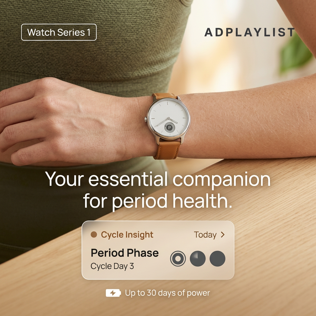 Woman's wrist wearing a hybrid watch with a tan leather strap on a wood table, with a cycle insight card showing day 3