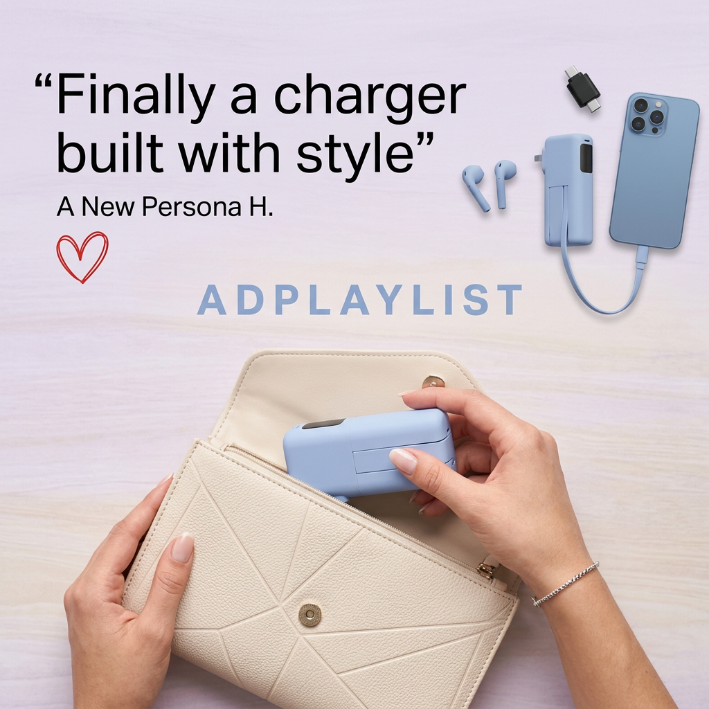 Hands slipping a pastel blue compact charger into a cream clutch, with a phone, earbuds and charger flat lay above