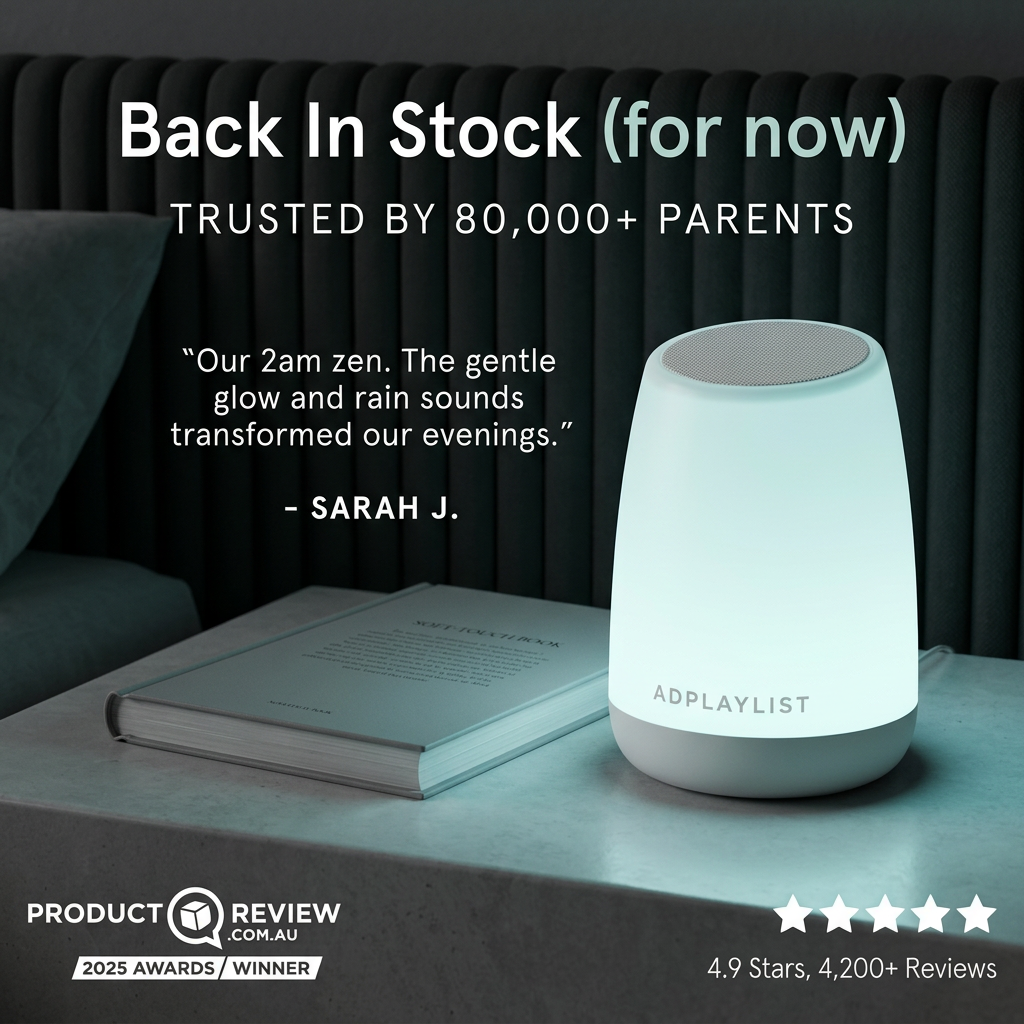 Glowing aqua sound machine on a bedside table at night, with restock headline, parent quote, award badge and 4.9 stars