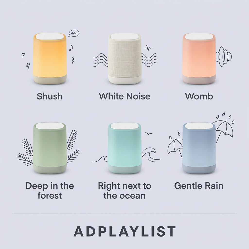 Six glowing sound machines in yellow, beige, peach, green, aqua and blue, each labelled with a sound and line doodles