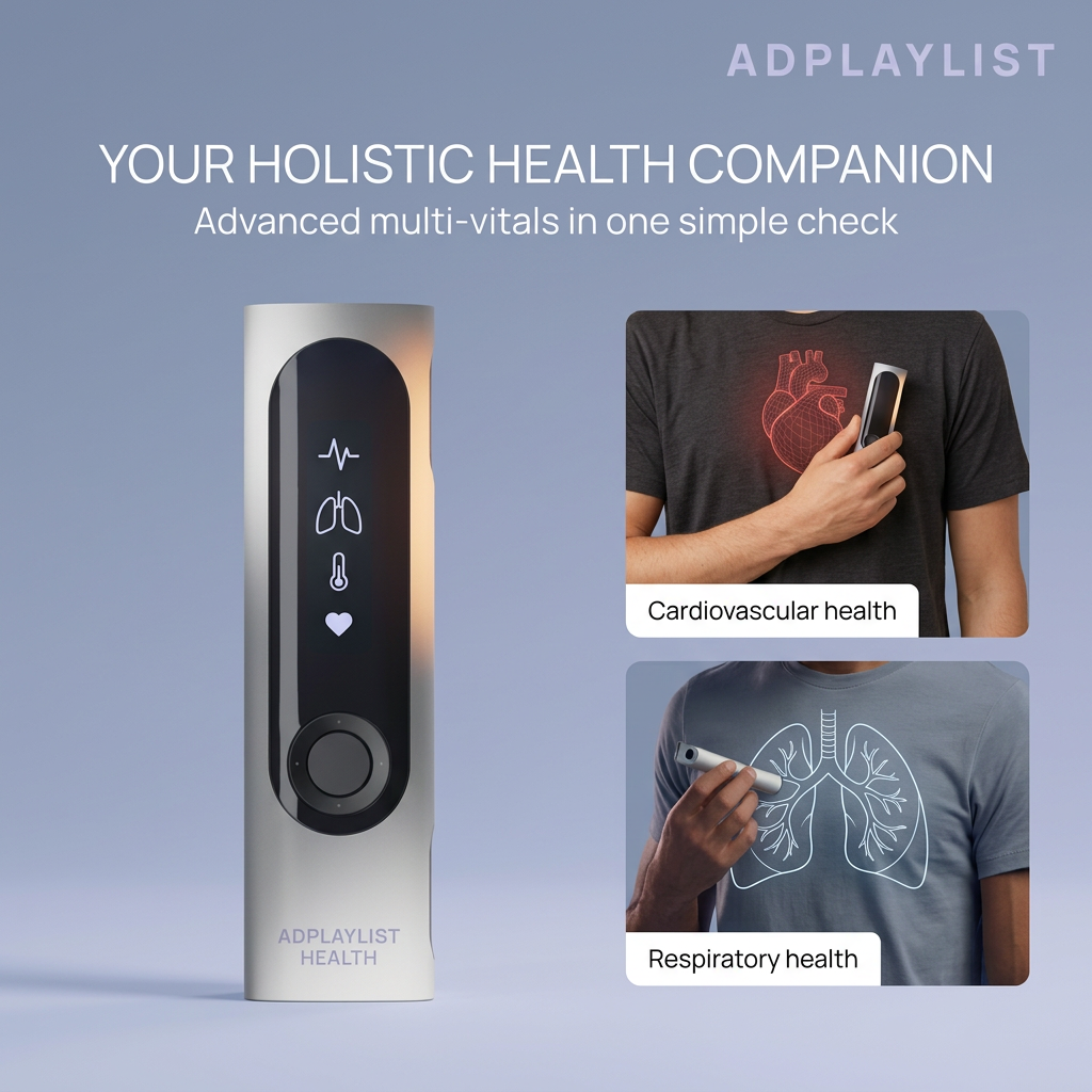 Silver handheld health monitor with heart, lung and temperature icons beside two shots with heart and lung illustrations