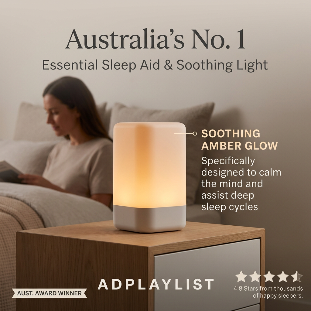 Glowing amber sleep light on an oak bedside table while a woman reads in bed, with No. 1 headline, award ribbon and stars