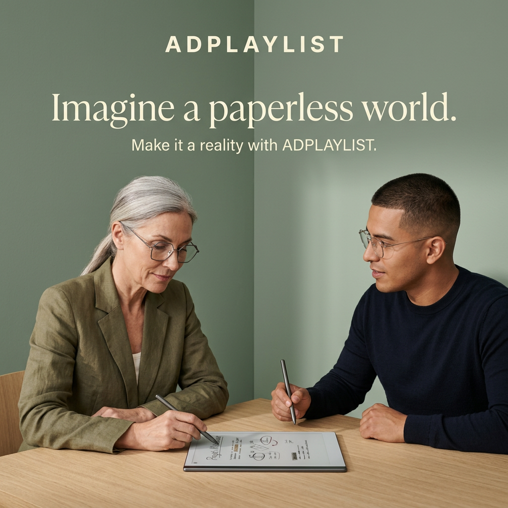 Older woman and younger man at a wood table writing on an e-ink paper tablet with styluses, against sage green walls