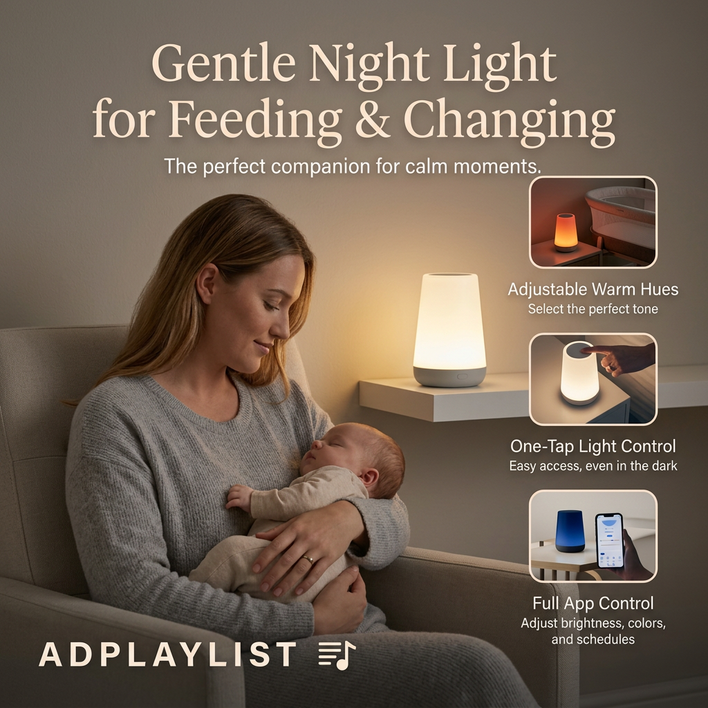 Mother holding a sleeping newborn in an armchair beside a glowing night light, with three feature thumbnails on the right