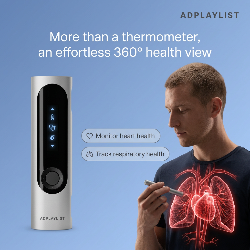 Silver handheld health device beside a man holding it to his chest with a glowing red heart and lungs illustration