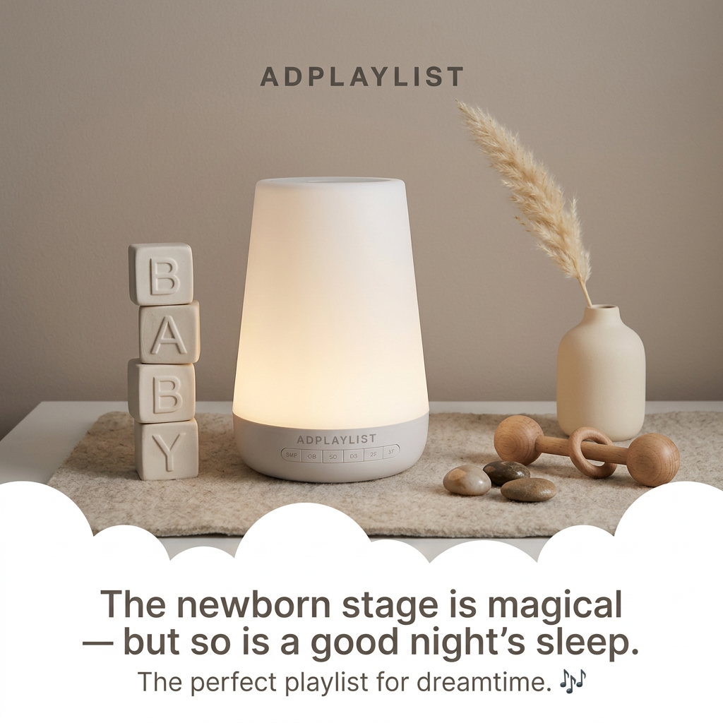 Glowing white sleep light on a felt mat with BABY blocks, a wooden rattle, pebbles and pampas grass in a beige nursery