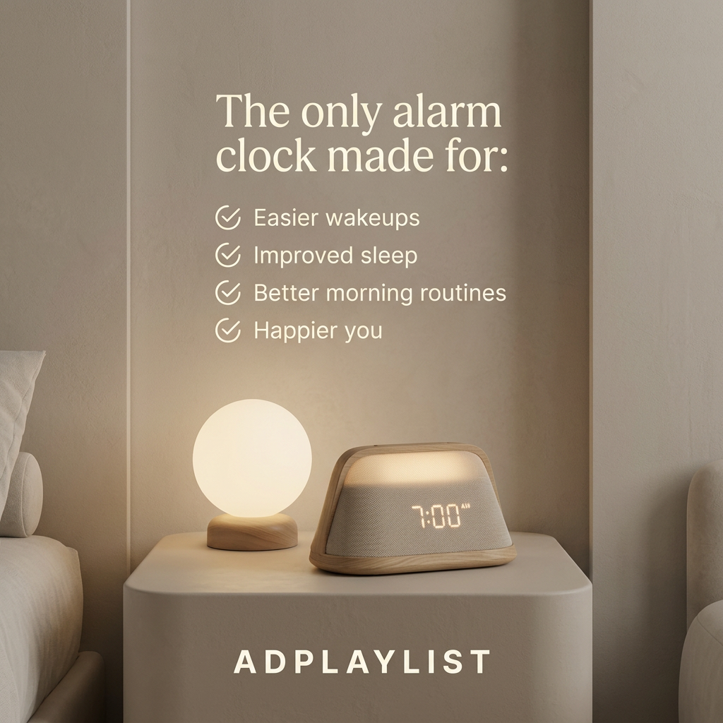 Wood-framed sunrise alarm clock showing 7:00 next to a glowing globe lamp on a beige nightstand, under a benefits checklist