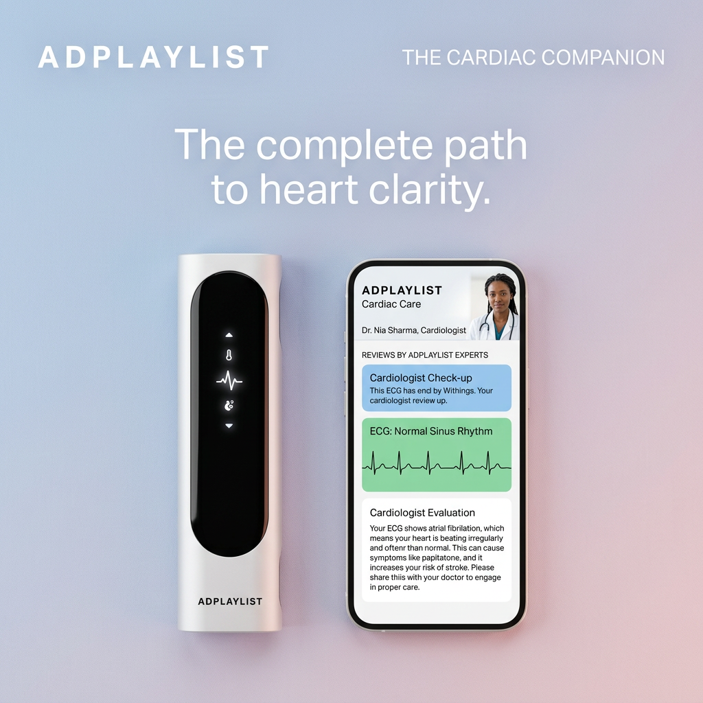 Silver handheld ECG device beside a smartphone showing a cardiologist review screen, ECG trace and evaluation text