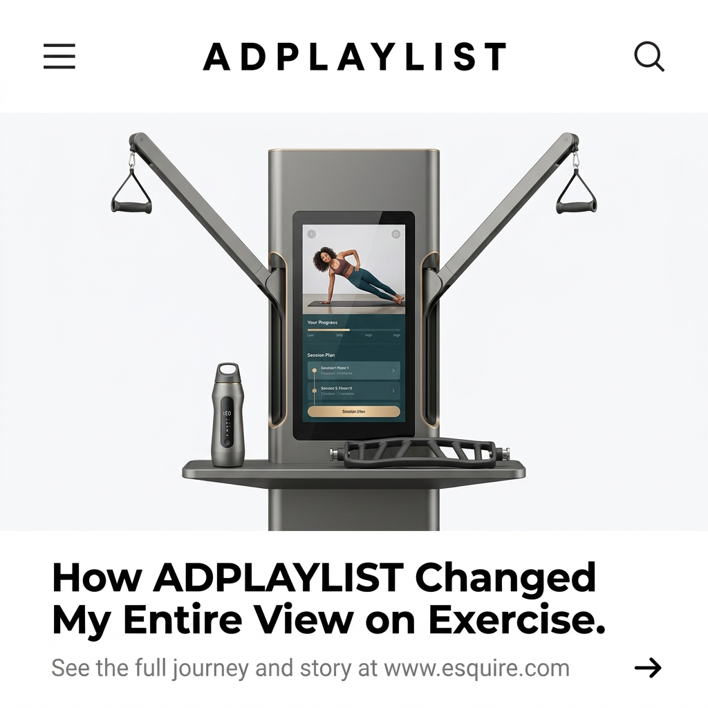 Sleek grey smart home gym tower with two cable arms, a touchscreen and accessories on a shelf, framed as a magazine article