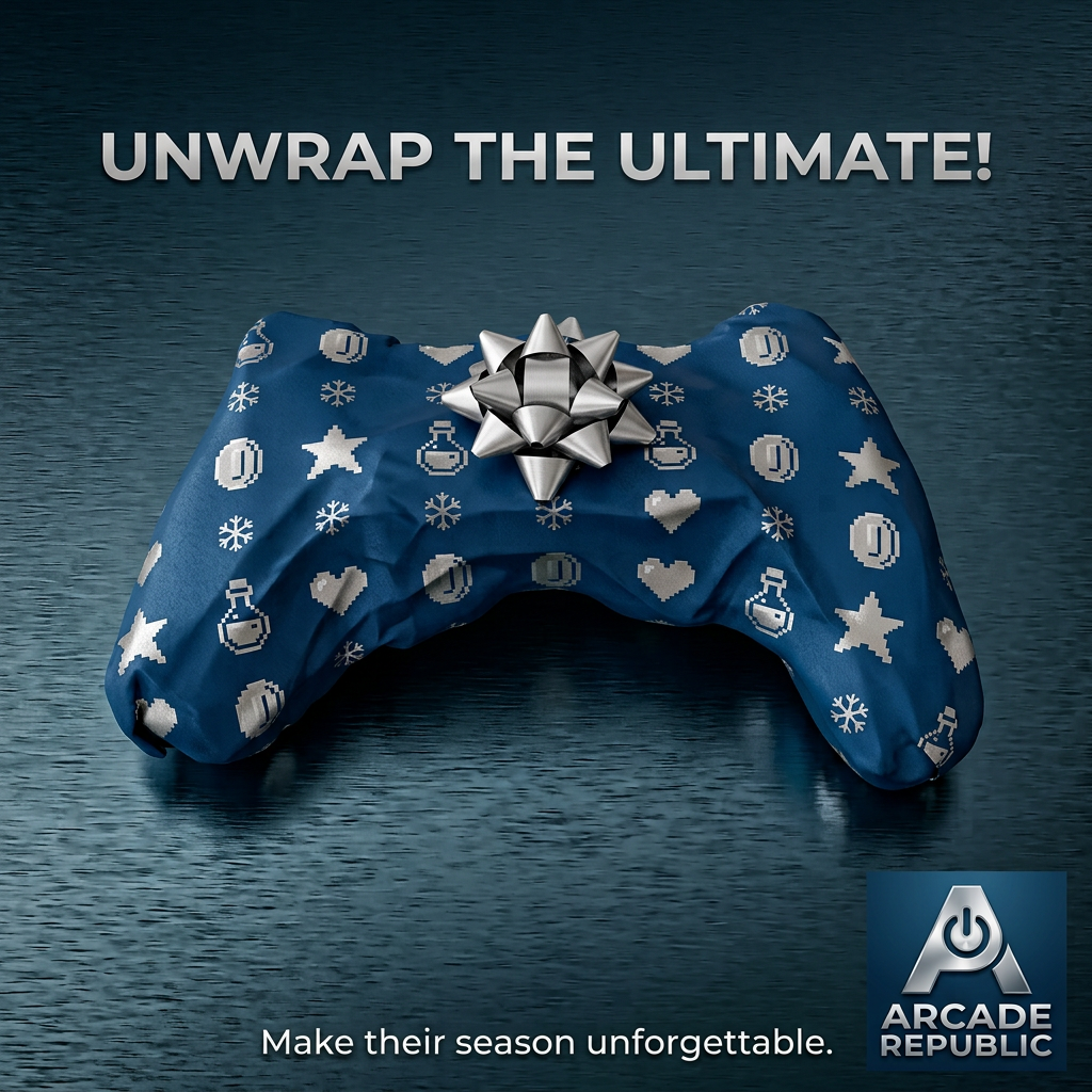 Game controller wrapped in blue pixel-art gift paper with a silver bow, headline Unwrap the Ultimate