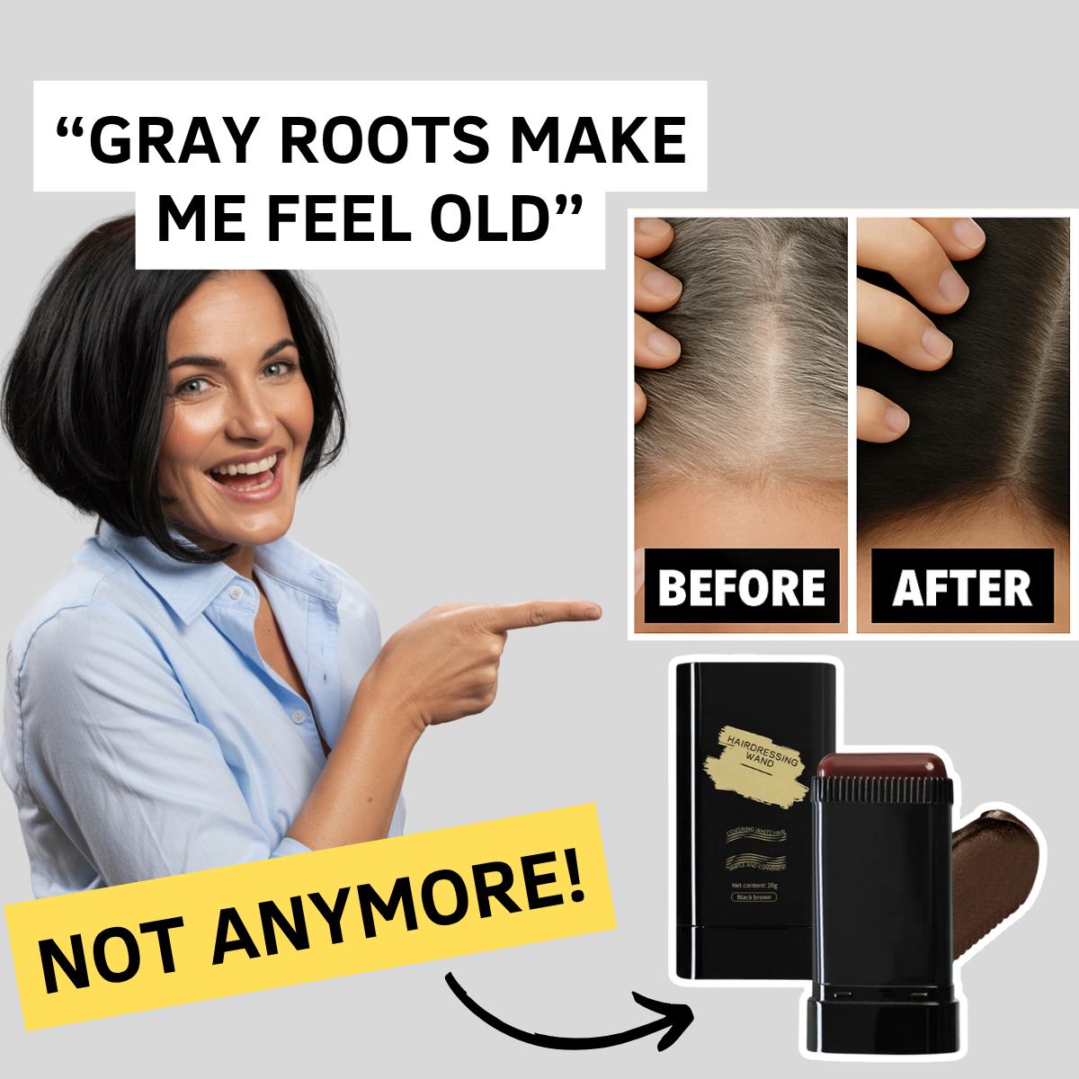 Smiling woman points at before and after photos of gray roots covered by a black root touch-up stick