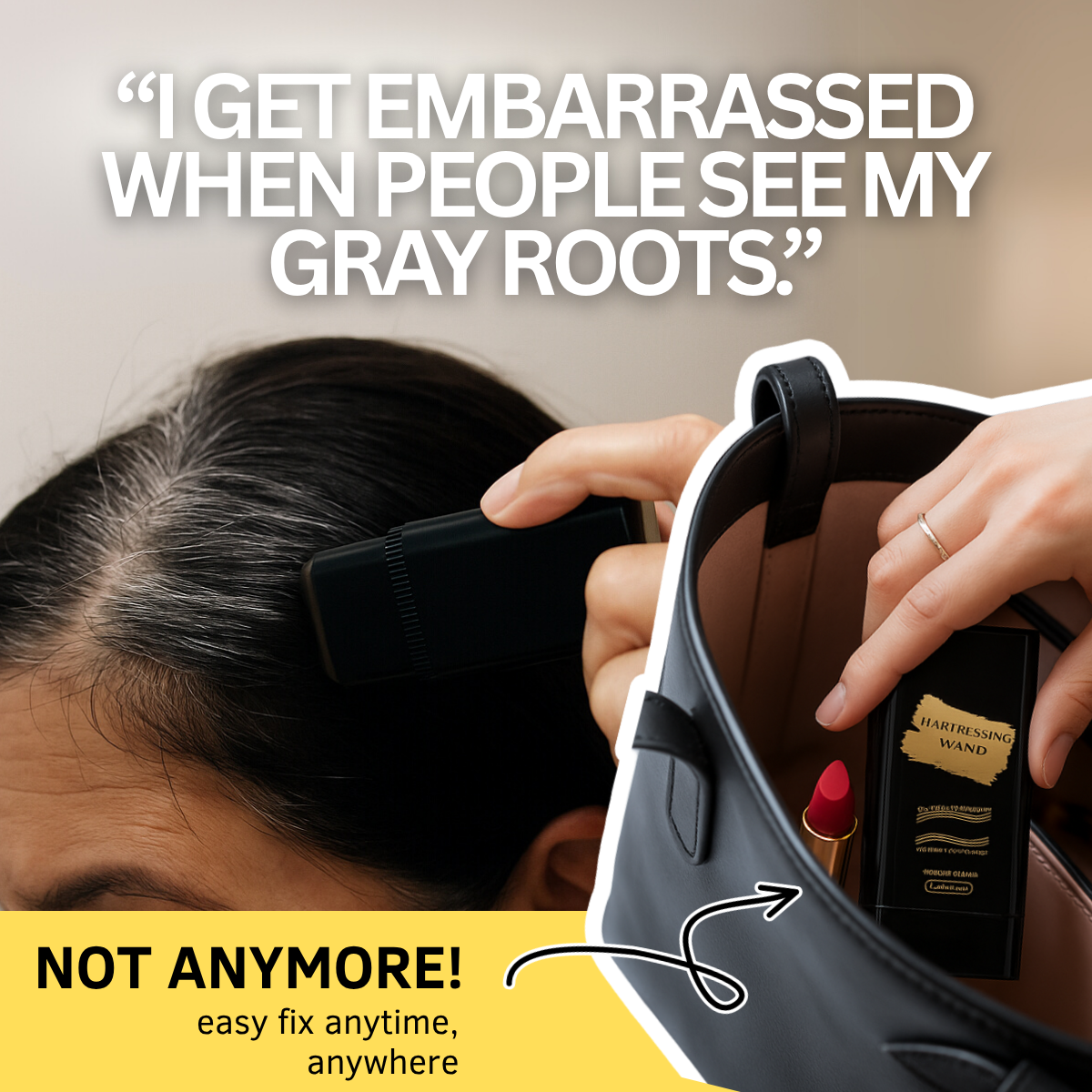 Woman applies root stick to gray part while a hand places the stick into a black handbag beside red lipstick