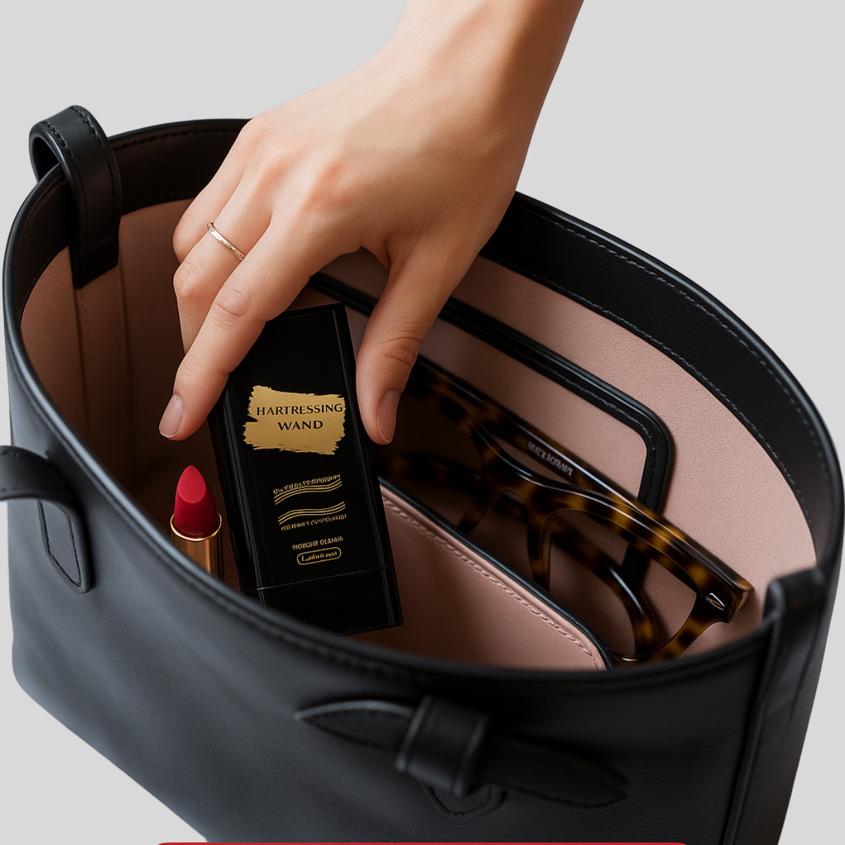 Hand placing a black root touch-up stick into a black leather handbag next to red lipstick and glasses