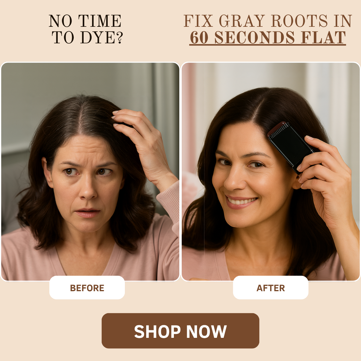 Before and after of a woman: worried checking gray roots, then smiling while applying a root stick