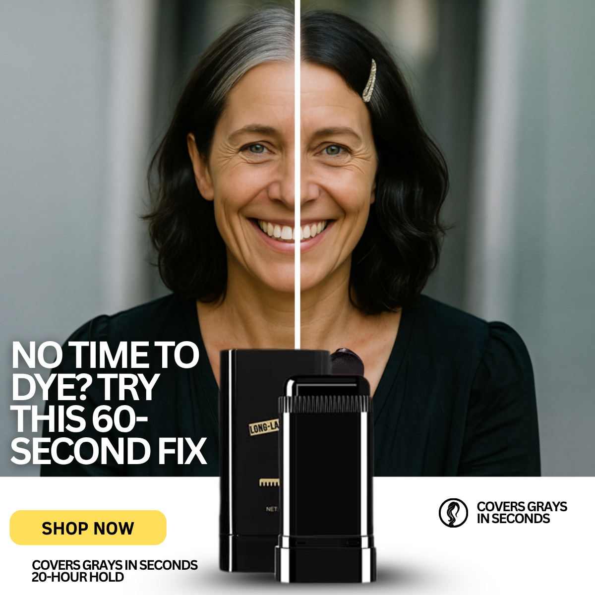 Smiling woman split down the middle, gray hair left and dark hair right, with root stick and Shop Now button