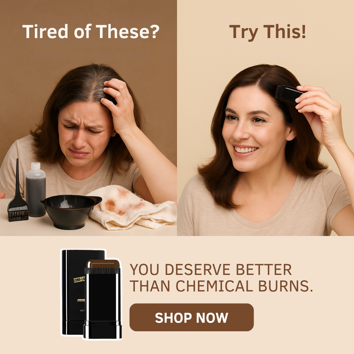 Frustrated woman with hair dye bowl and stained towel next to smiling woman using a root touch-up stick