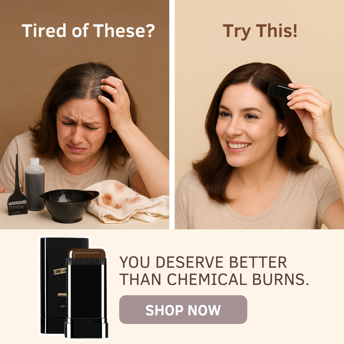 Comparison ad: frustrated woman with dye kit beside smiling woman using root stick, grey Shop Now button
