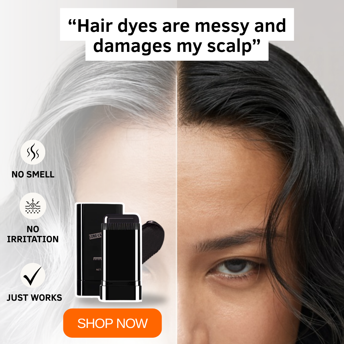 Woman's face split between silver and black hair with icons no smell, no irritation, just works and Shop Now button