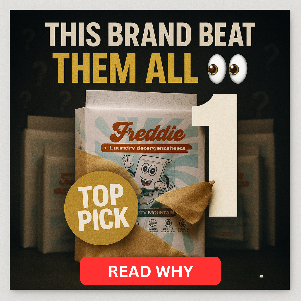Freddie laundry detergent sheets pack bursting from kraft paper with a big number 1, Top Pick badge and Read Why button
