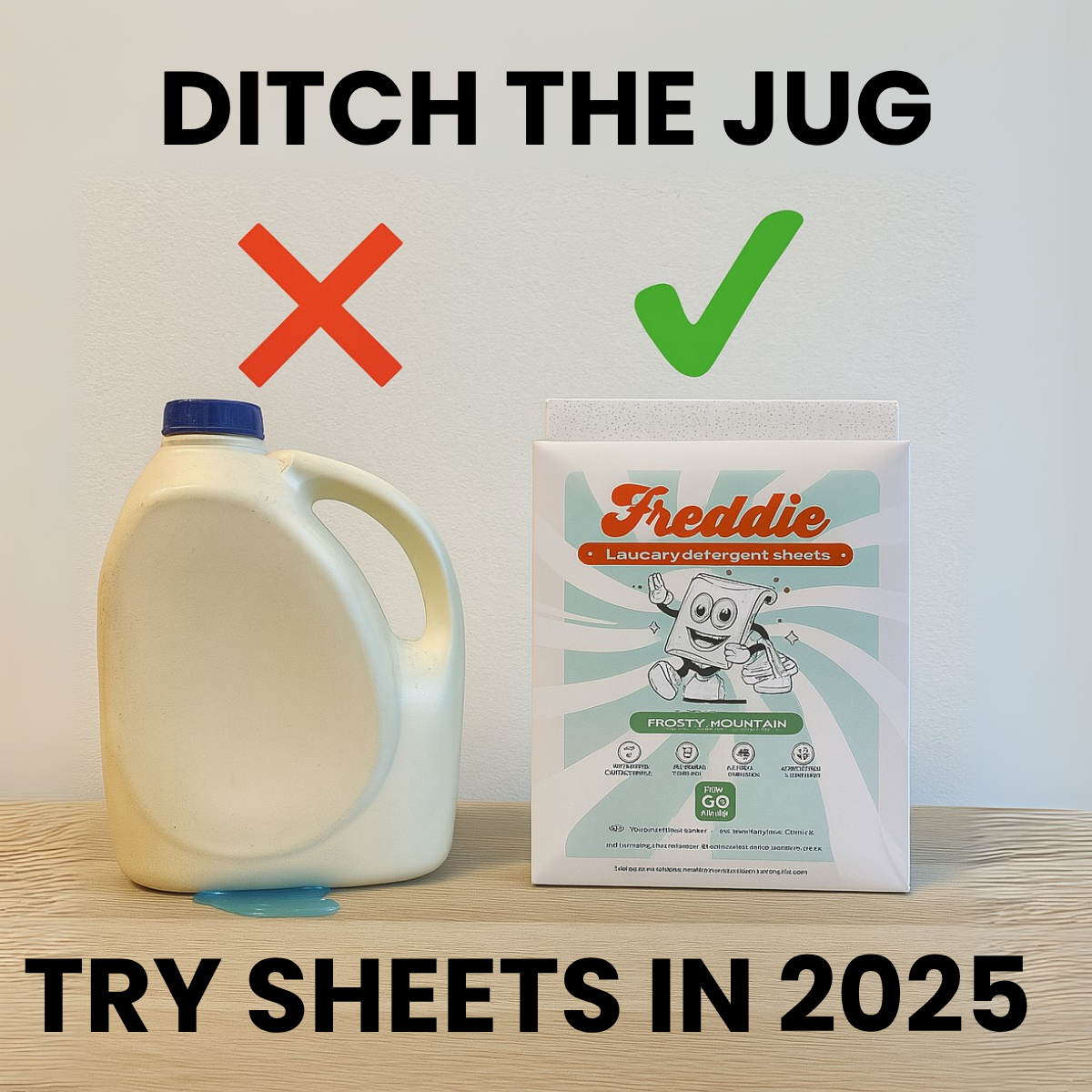Leaky white detergent jug with red X next to Freddie laundry sheets pack with green tick on a wooden shelf