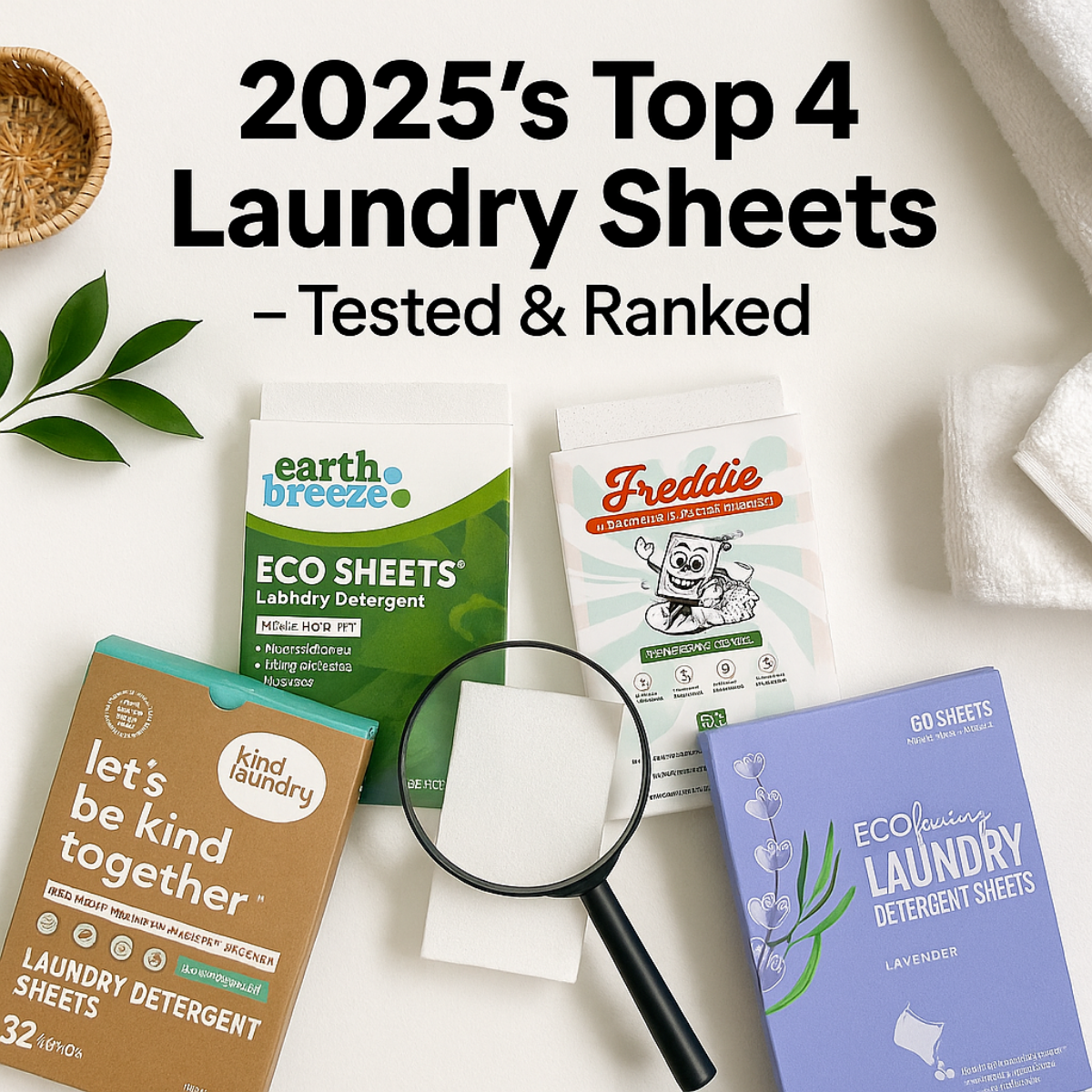 Flat lay of four laundry sheet packs including Earth Breeze and Freddie with a magnifying glass over a sheet on white