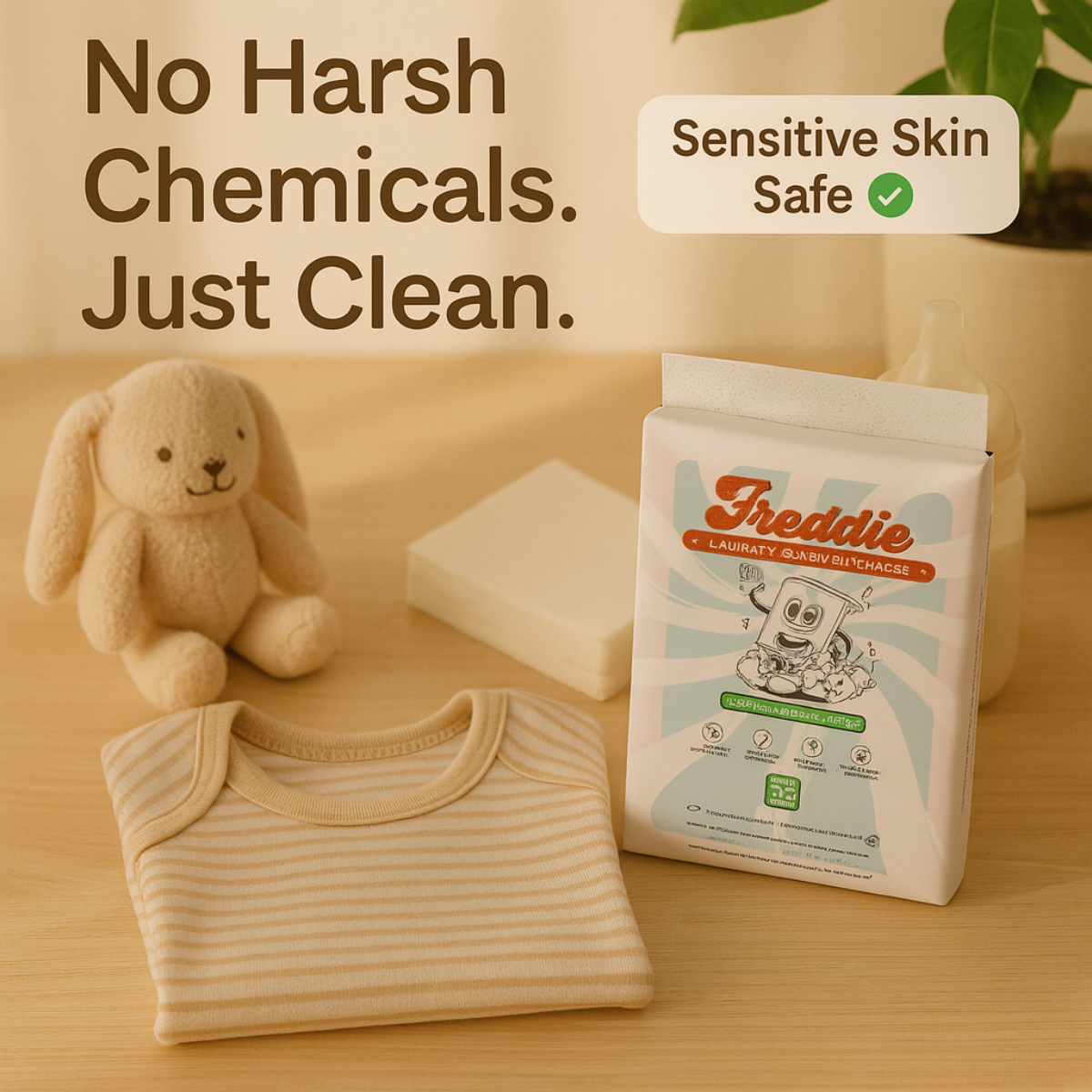 Freddie laundry sheets pack next to a striped baby onesie, plush bunny and baby bottle with Sensitive Skin Safe badge