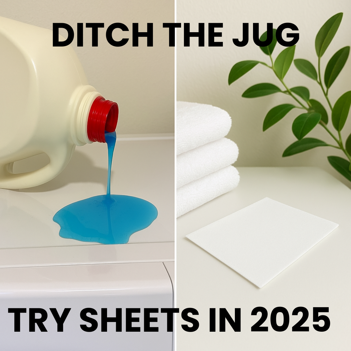 Split image of a jug spilling blue detergent on a washer versus a single white laundry sheet beside folded towels