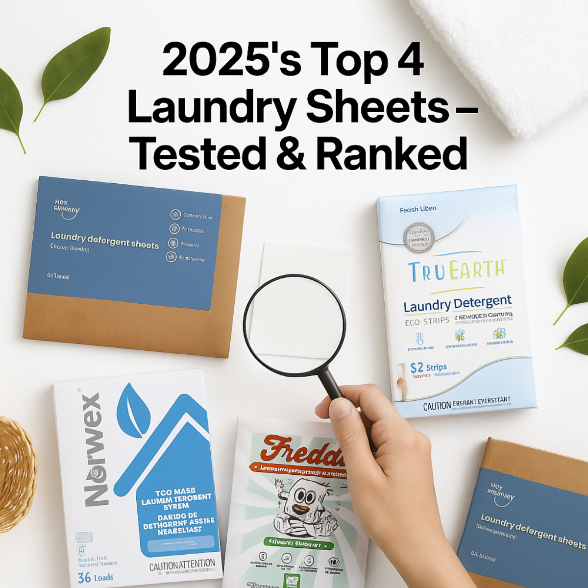 Hand holding a magnifying glass over a laundry sheet surrounded by Norwex, Tru Earth and Freddie packs on white