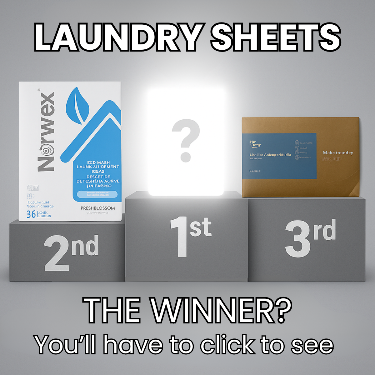 Grey podium with Norwex laundry sheets in 2nd, a kraft pack in 3rd and a glowing question mark in 1st place