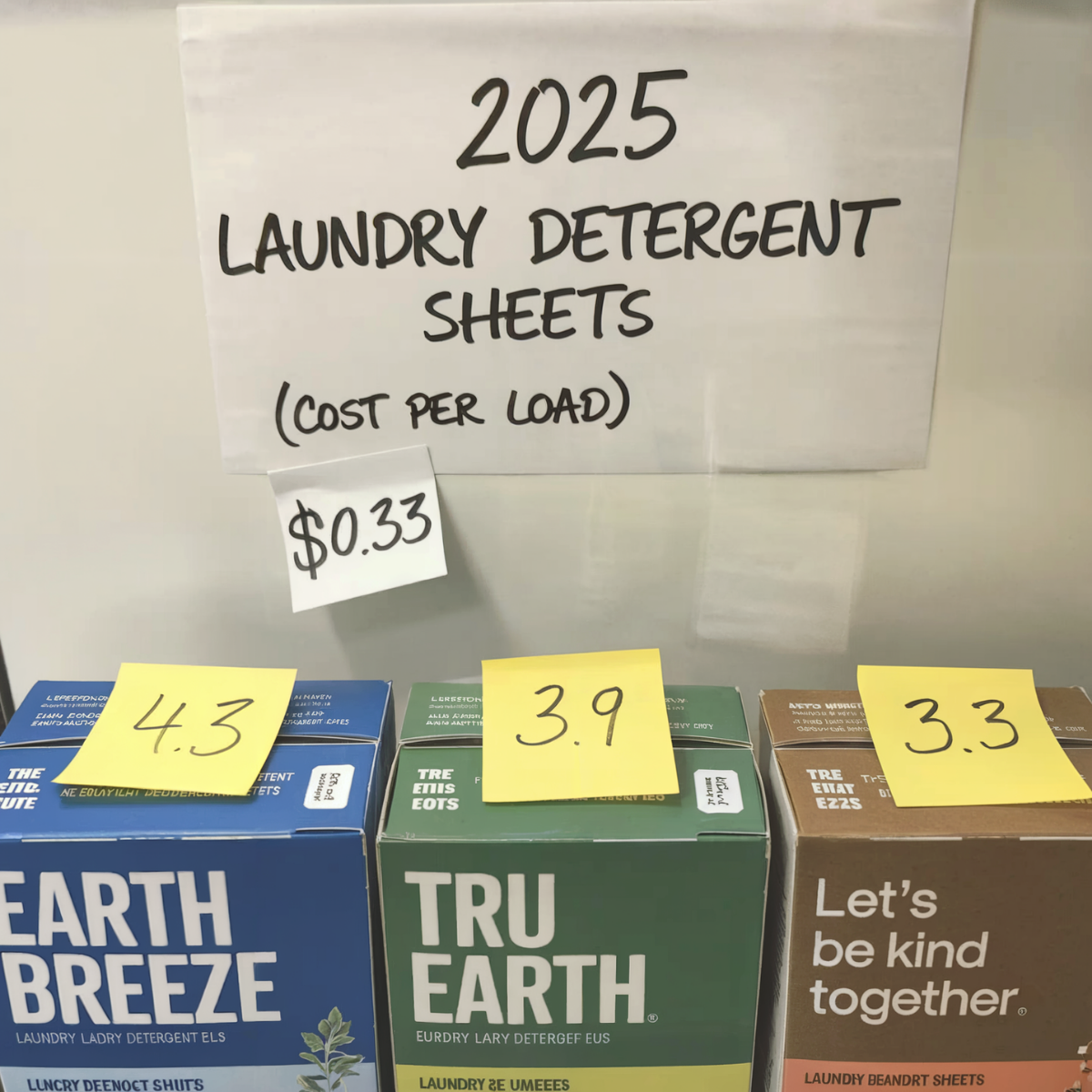 Handwritten cost-per-load sign above Earth Breeze, Tru Earth and Kind Laundry boxes with sticky-note scores