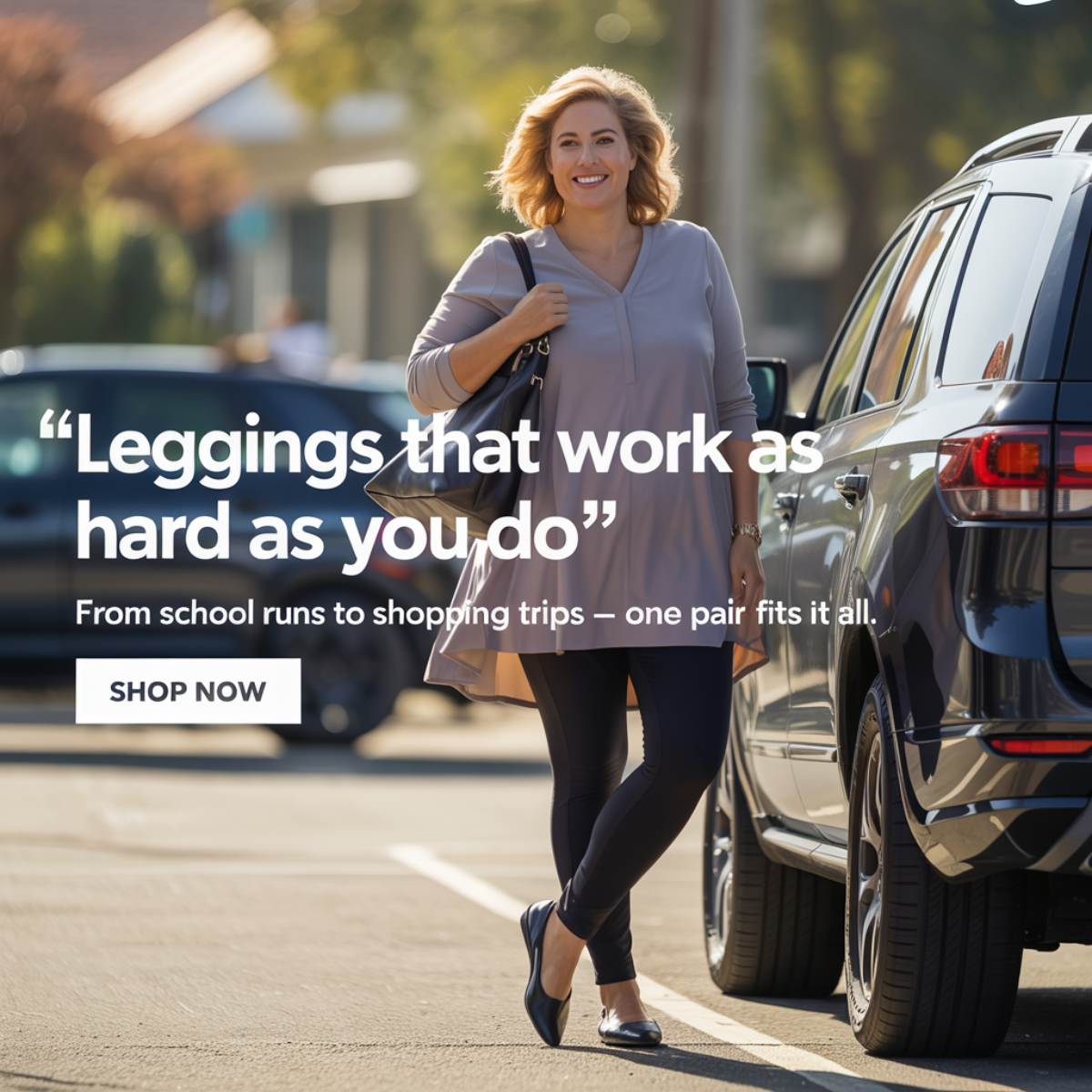 Smiling woman in black leggings and mauve tunic walking past an SUV in a sunny car park, quote headline and Shop Now button