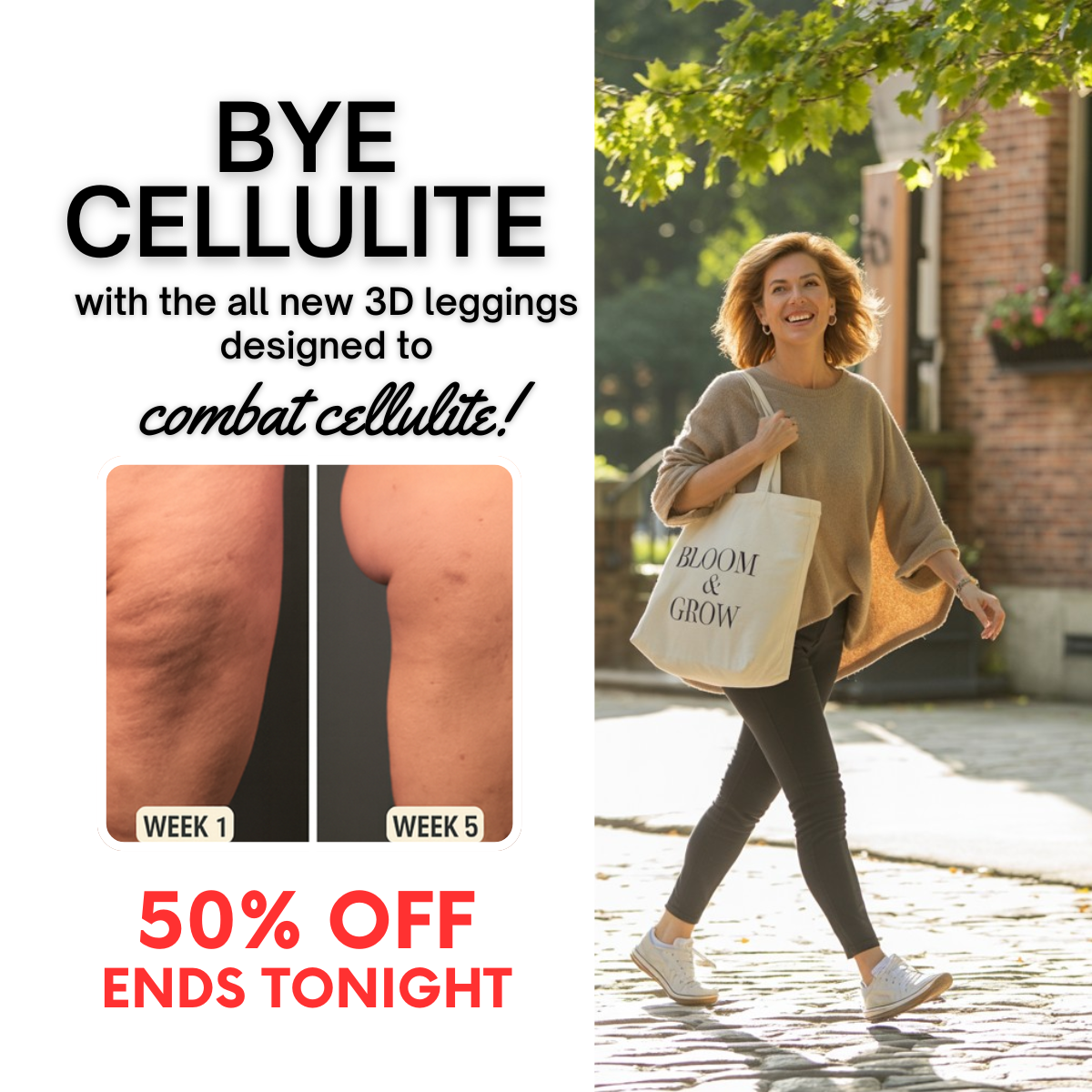 Split ad: Bye Cellulite headline, Week 1 vs Week 5 thigh photos and 50% off on white, woman walking in leggings on right
