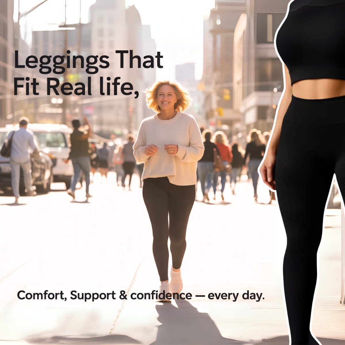 Smiling woman in black leggings and cream jumper on a bright busy city street, black leggings product cut-out on the right