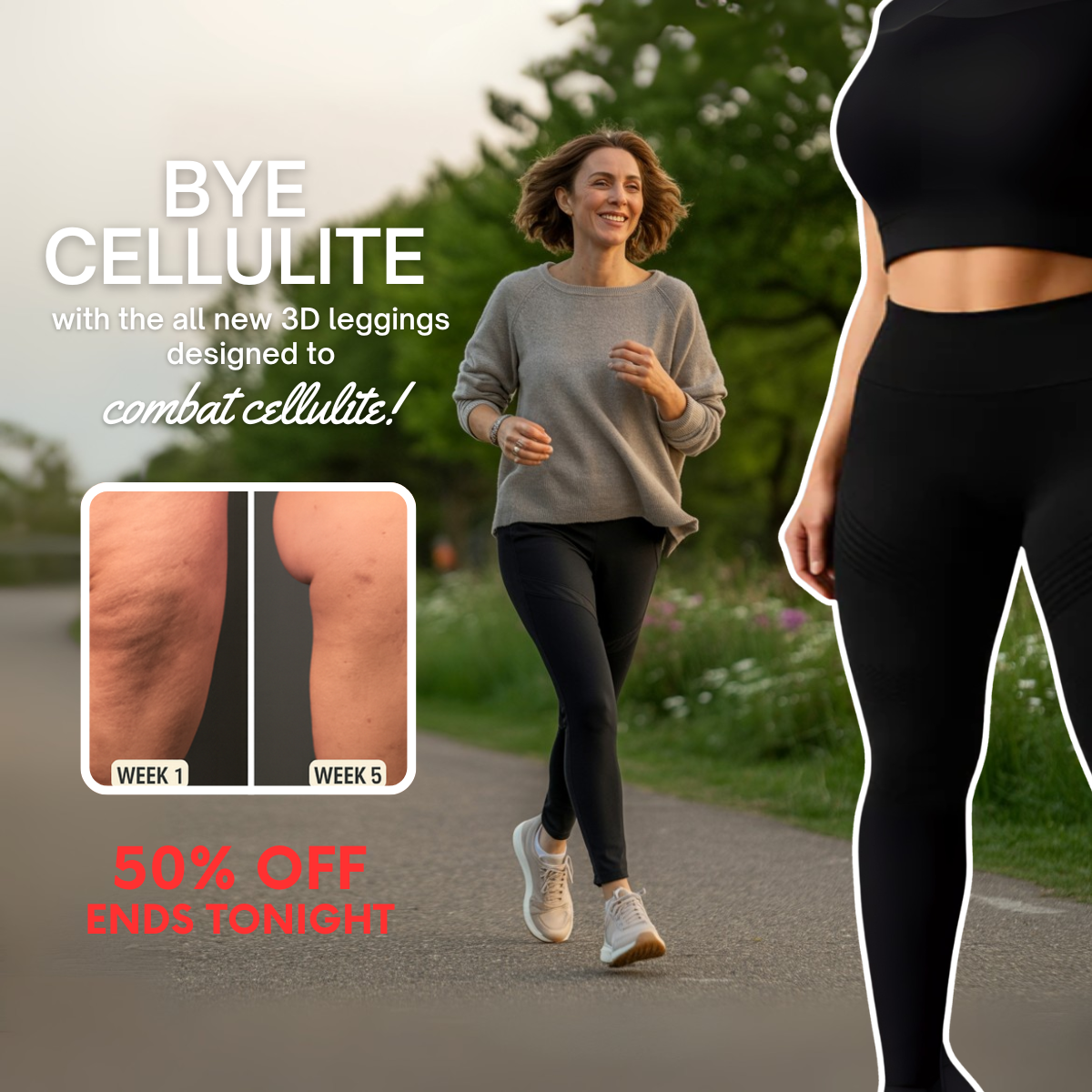 Woman walking a park path in black leggings, Bye Cellulite headline, Week 1 vs Week 5 thigh photos, 50% off, product cut-out