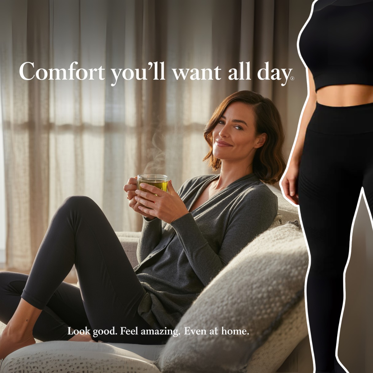 Woman in grey cardigan and black leggings on a grey sofa holding green tea, serif headline and leggings cut-out