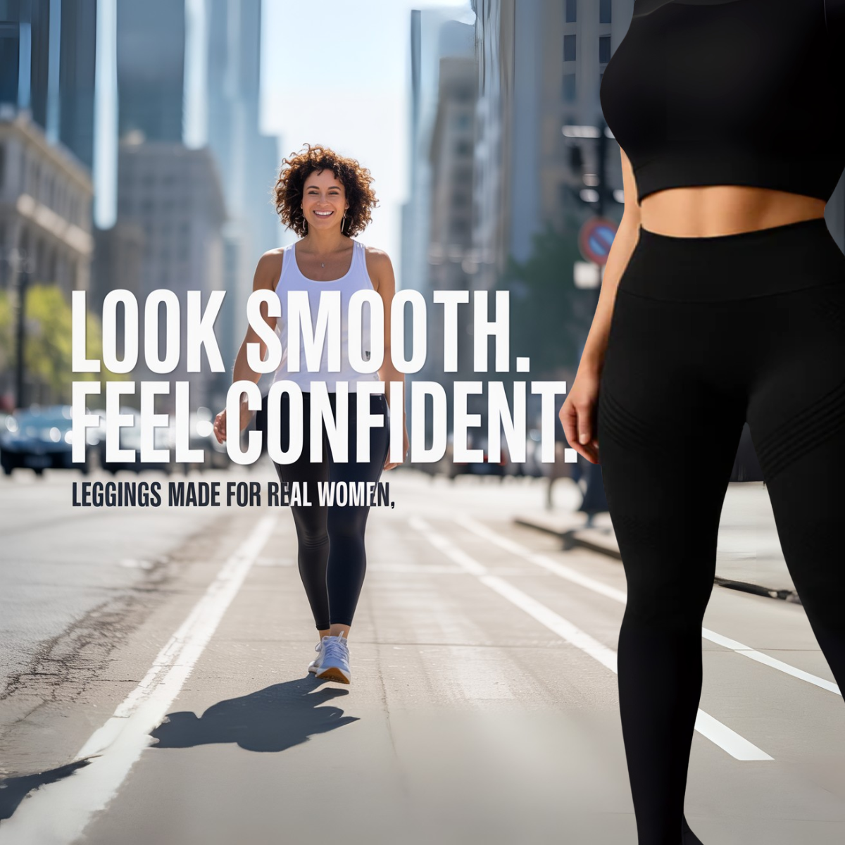 Curly-haired woman in white tank and black leggings walking a city street, bold Look Smooth Feel Confident headline