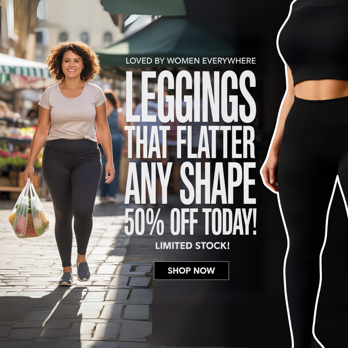 Curvy woman in black leggings carrying groceries at a street market, bold Leggings That Flatter Any Shape 50% Off Today text