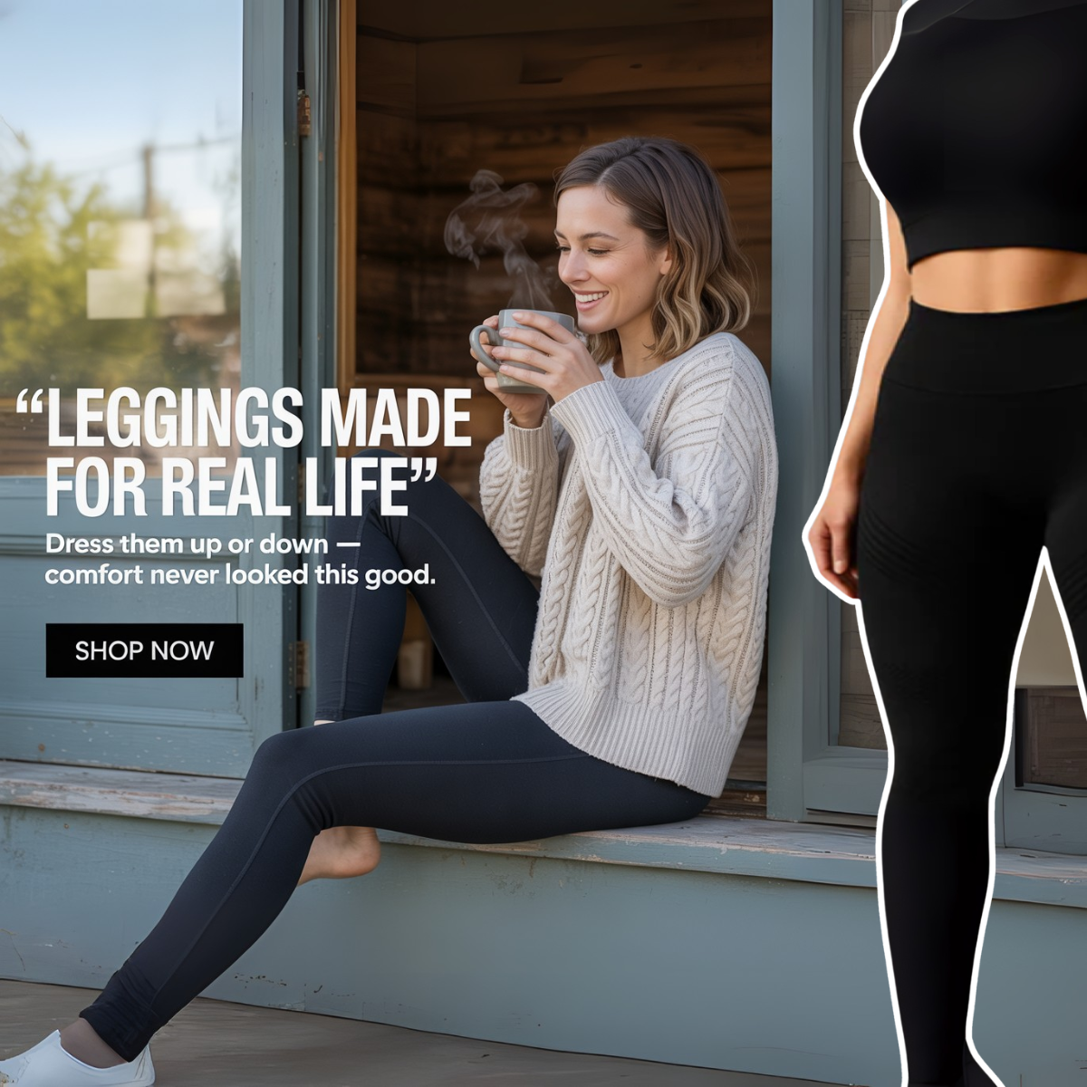 Woman in cable-knit jumper and black leggings sipping coffee on a blue porch, quote headline, Shop Now, product cut-out