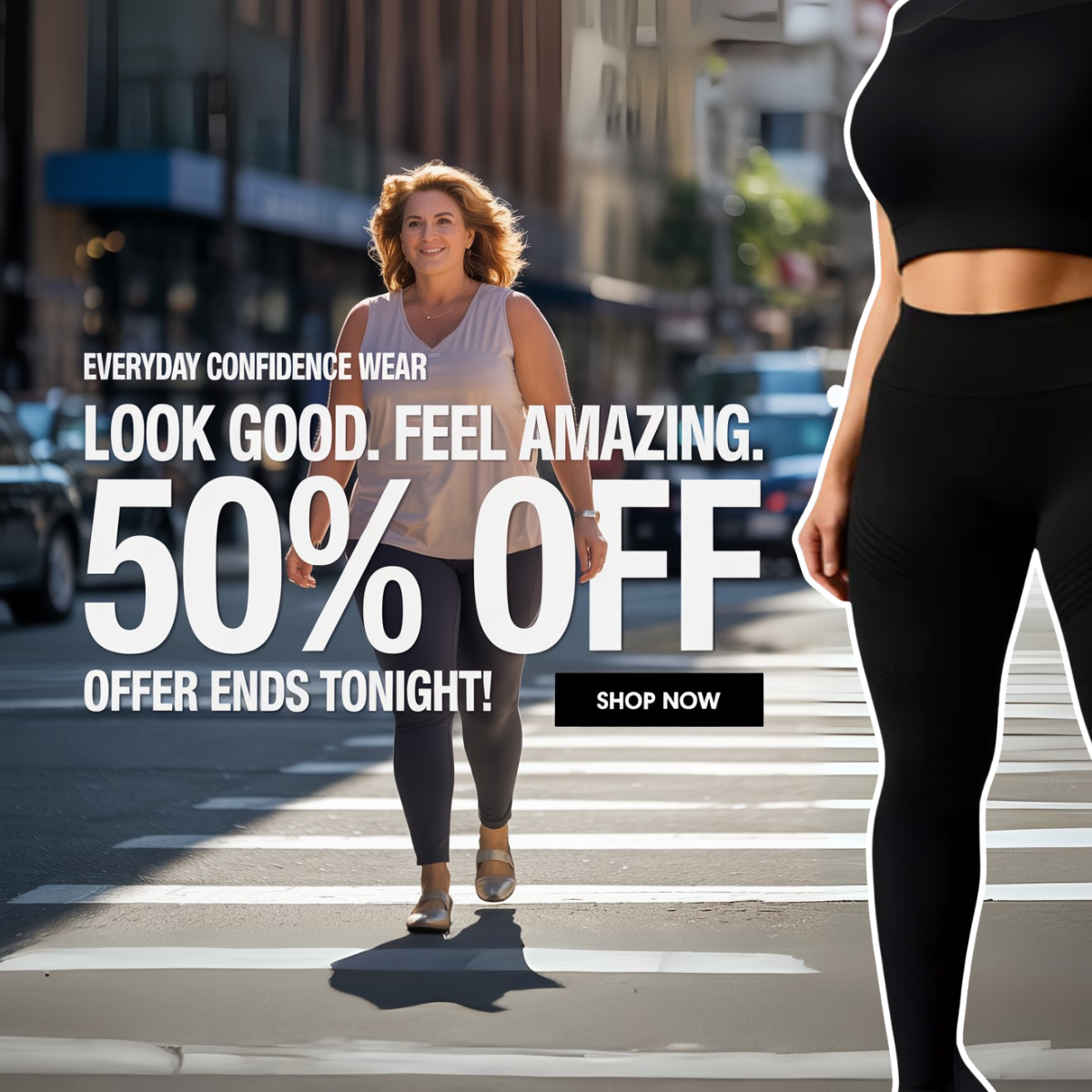 Woman in sleeveless top and dark leggings on a city crosswalk, giant 50% Off Offer Ends Tonight text and Shop Now button