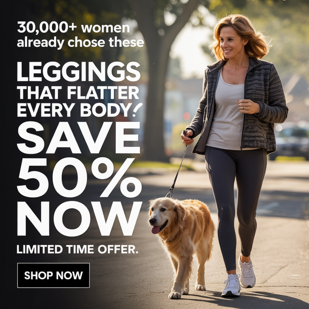 Woman in grey leggings walking a golden retriever on a sunny path, 30,000+ women and Save 50% Now text, Shop Now button